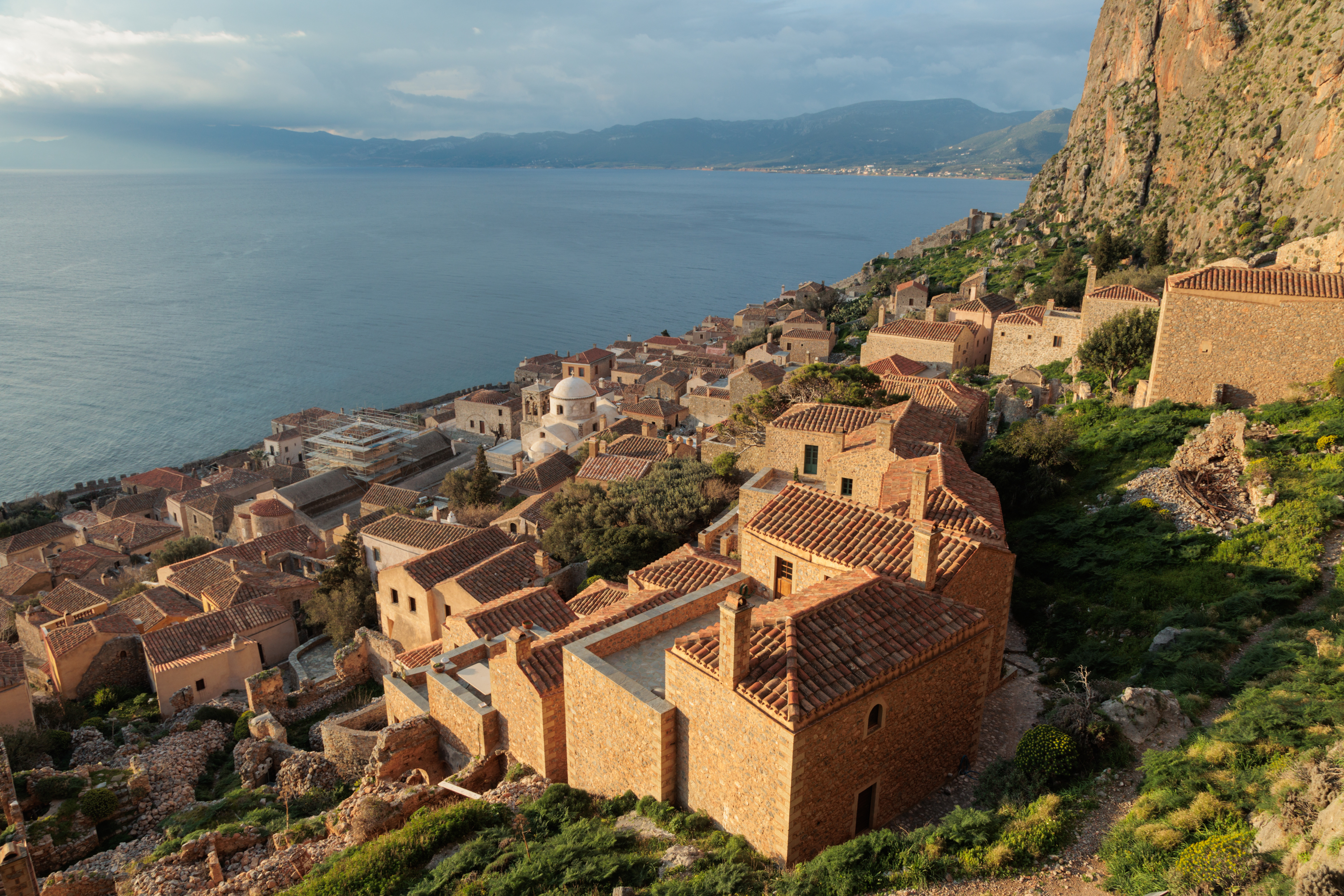 View Of Fortified Medieval Castle Village Monemvasia With Aegean